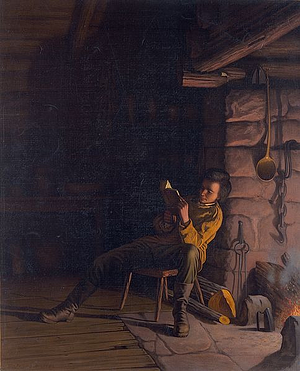 Boy Lincoln reading by firelight resized 600